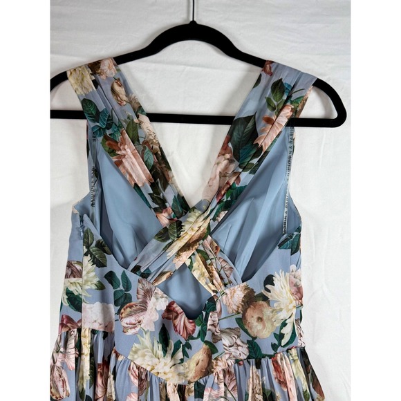 Floral V-Neck Maxi Dress Sleeveless Crystal Brooch Dusty Blue Formal NWT sz 4 - Picture 14 of 16